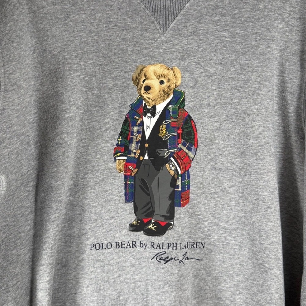 Polo Ralph‎ Lauren Polo Duffel Bear Tartan Plaid Coat Fleece Sweatshirt Grey L